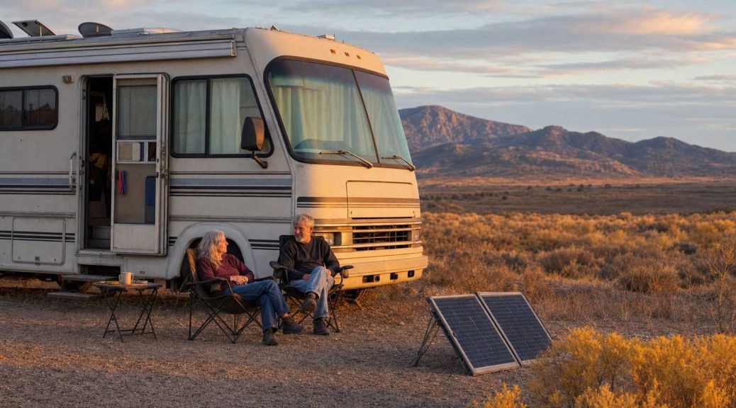 An older motorhome parked alone off the grid on open land at golden hour