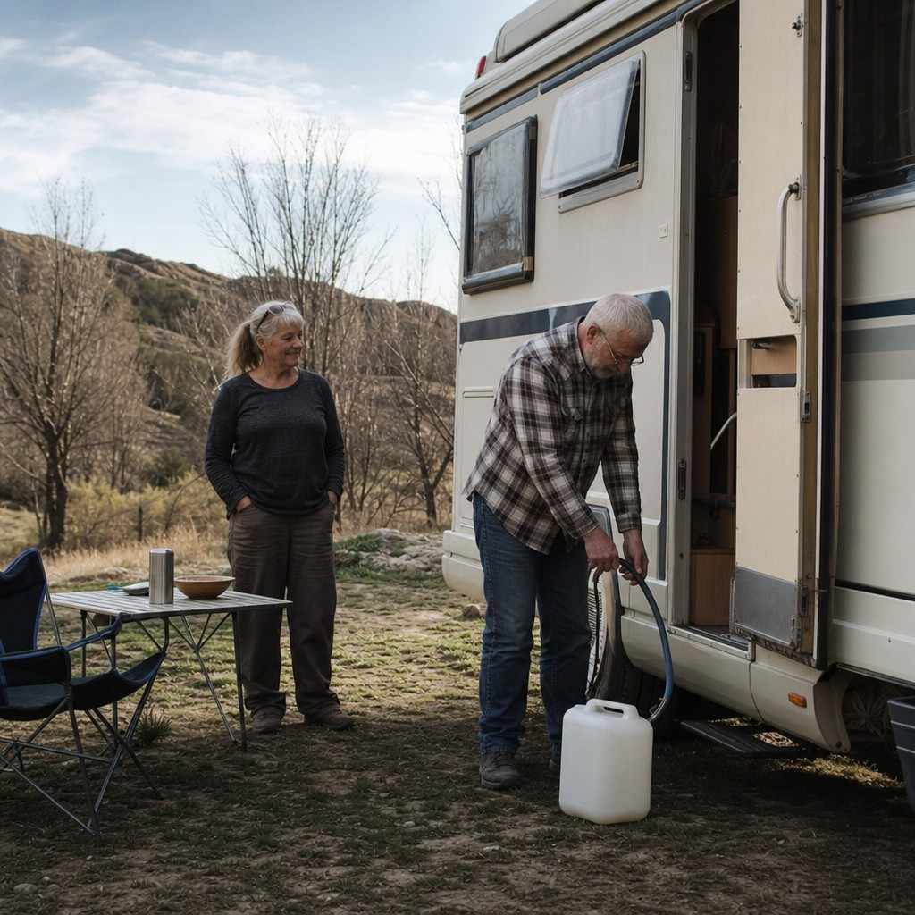 An older couple filling a water jug by the door of their motorhome at a quiet off-grid camp