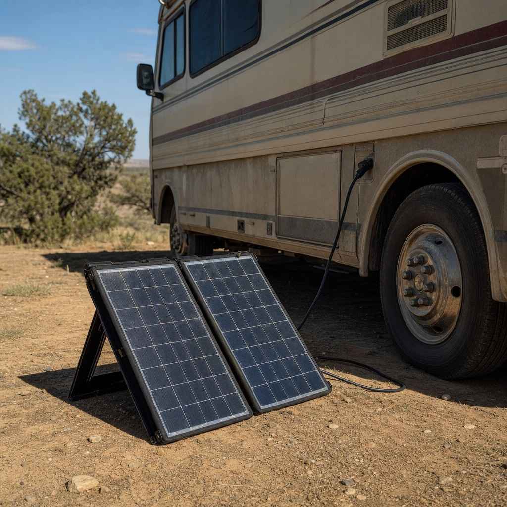 A portable solar panel in the dirt beside a motorhome, cable running to the rig
