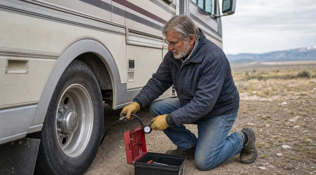 An older man checking a motorhome tire with a pressure gauge, toolbox beside him