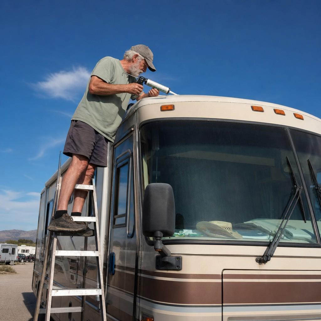 An older man on a step ladder inspecting the roof seam of his motorhome with sealant in hand