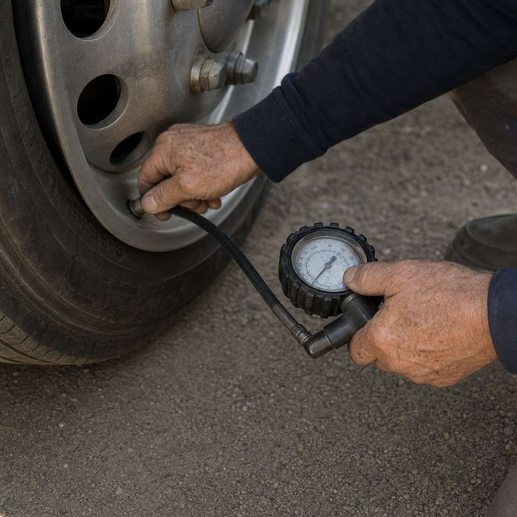 Weathered older hands pressing a pressure gauge onto a large RV tire valve