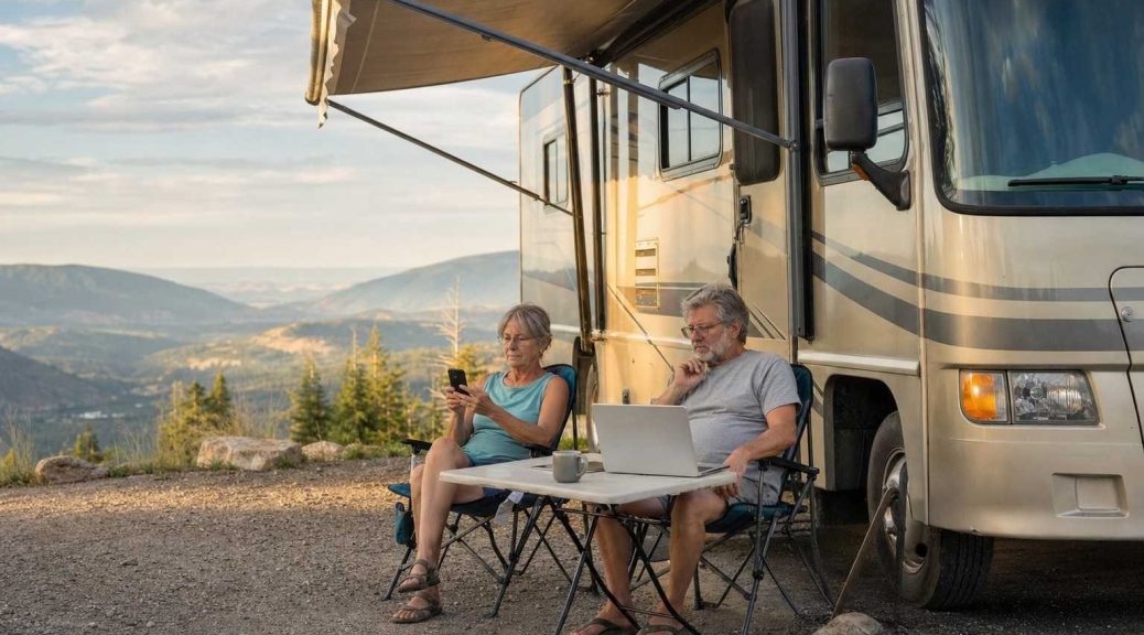 An older couple checking a phone and laptop outside their motorhome at a remote overlook