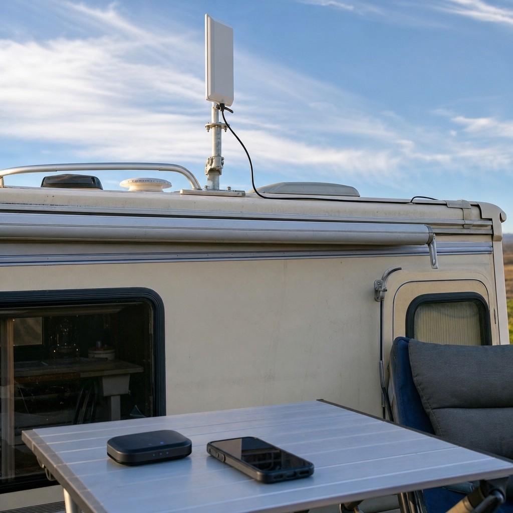 A small cell signal booster antenna on a motorhome roof rail with a hotspot device on a camp table