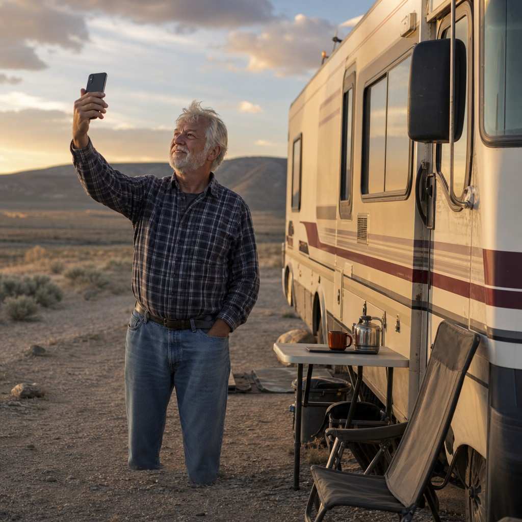 An older man holding up a phone to find a signal beside his motorhome in open country